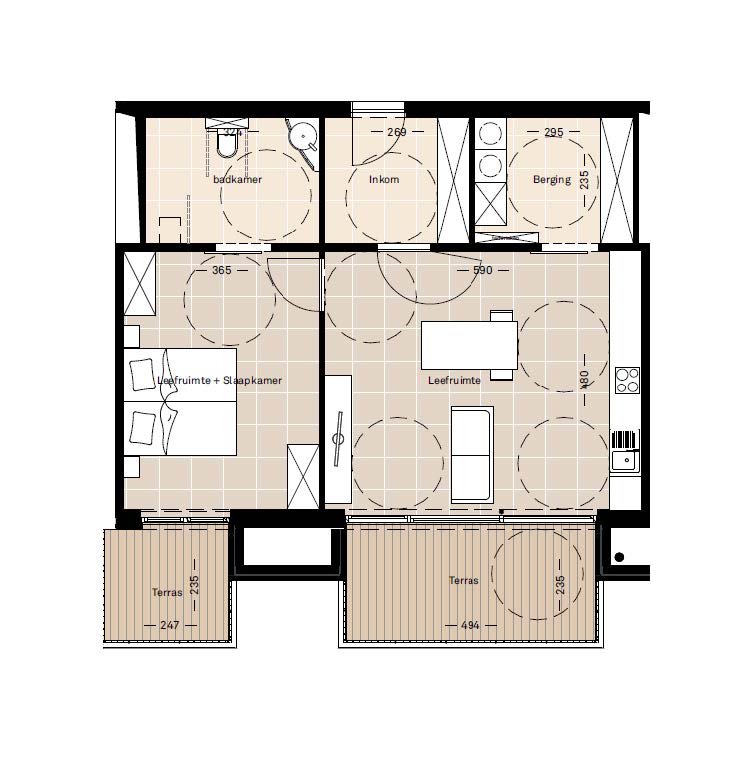 Plattegrond appartement 1 slaapkamer